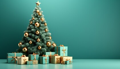 Christmas tree with presents and golden star. 3D rendering. Festive background.