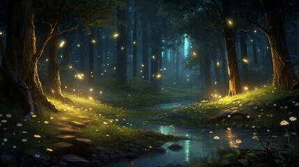a charming scene of fireflies lighting up the forest at twilight