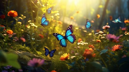 A colorful array of butterflies fluttering amidst wildflowers in a serene forest clearing