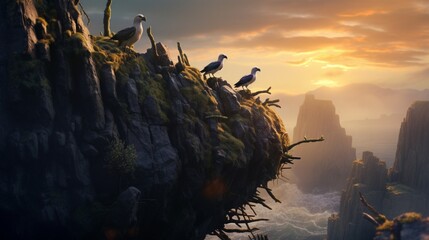 A family of birds working collaboratively to build their nest atop a rocky cliff