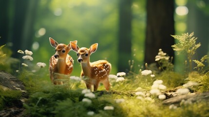 a forest clearing with a pair of curious fawns investigating a patch of wildflowers