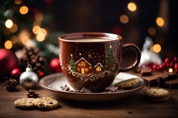 Obraz premium a cup of hot chocolate/coffee and christmas cookies, christmas tree and christmas decoration background