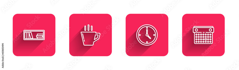 Poster set line shelf with books, coffee cup, clock and calendar with long shadow. red square button. vecto