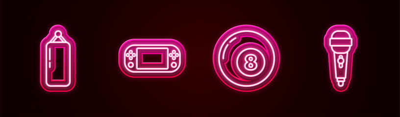 Set line Punching bag, Portable video game console, Billiard pool snooker ball and Microphone. Glowing neon icon. Vector