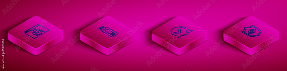 Poster set isometric line system bug, usb flash drive, check mark in speech bubble and shield and eye icon.