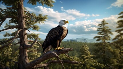 a majestic bald eagle perched atop a towering pine tree in a pristine wilderness