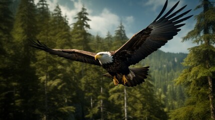 Obraz premium a majestic bald eagle soaring above a lush forest canopy