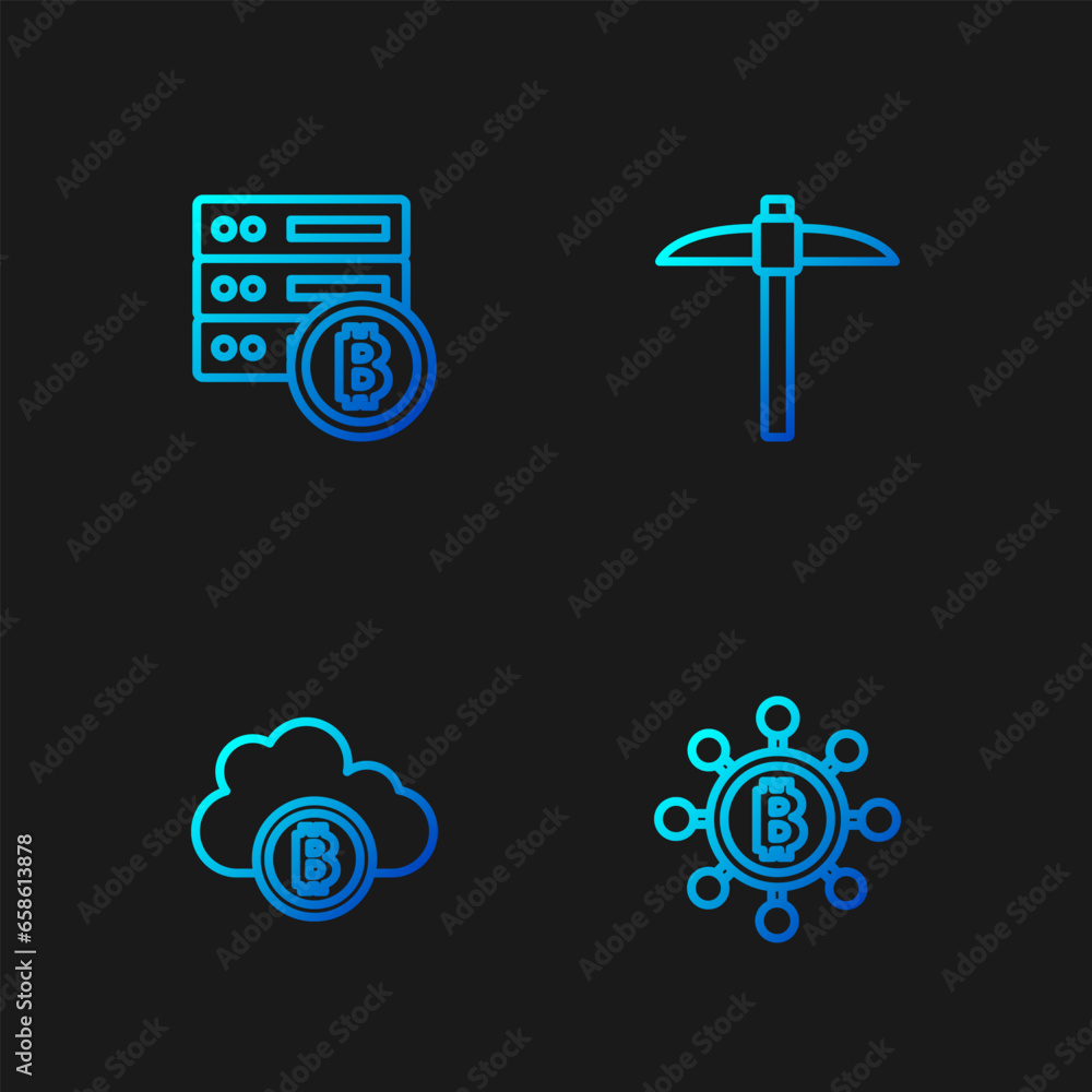 Poster set line blockchain technology bitcoin, cryptocurrency cloud mining, server bitcoin and pickaxe. gra