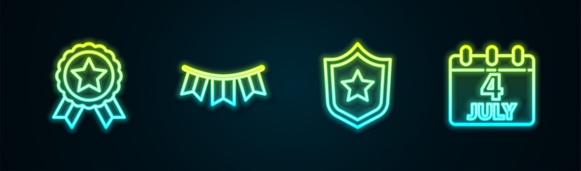 Set line Medal with star, Carnival garland flags, Police badge and Calendar date July 4. Glowing neon icon. Vector