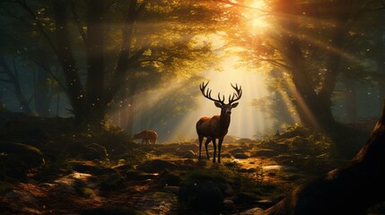 a majestic stag leading a herd of deer through a sun-dappled forest