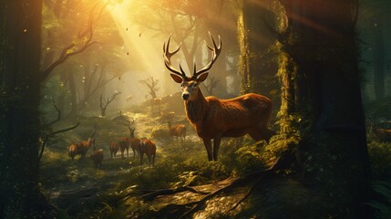 a majestic stag leading a herd of deer through a sun-dappled forest