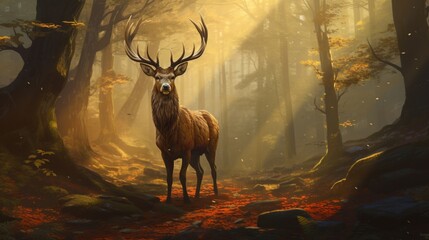a majestic stag with impressive antlers standing proudly in a serene forest