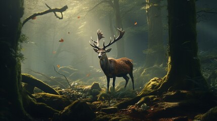 a majestic stag with impressive antlers standing proudly in a serene forest