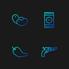 Set line Revolver gun, Hot chili pepper pod, Beans and Mexican carpet. Gradient color icons. Vector