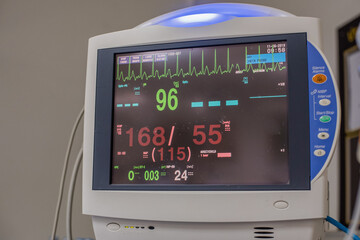 Modern vital sign monitor on patient background at ward in the hospital.