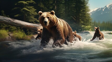 Obraz premium a mother bear and her cubs fishing for salmon in a rushing river