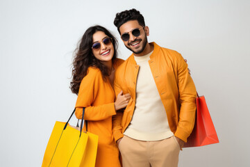 Young Indian couple holding shopping bags and expressing happiness - obrazy, fototapety, plakaty