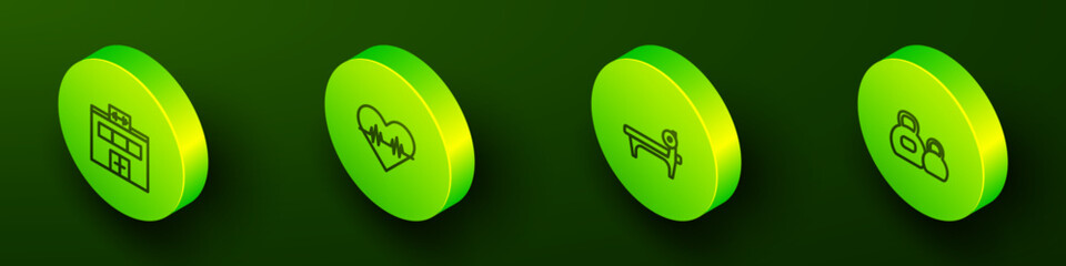 Set Isometric line Gym building, Heart rate, Bench with barbel and Kettlebell icon. Vector