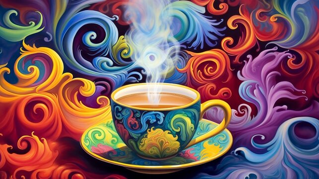 Vivid Vessel: Teacup brimming with steam with colors , depicting a mind overflowing with vibrant ideas
