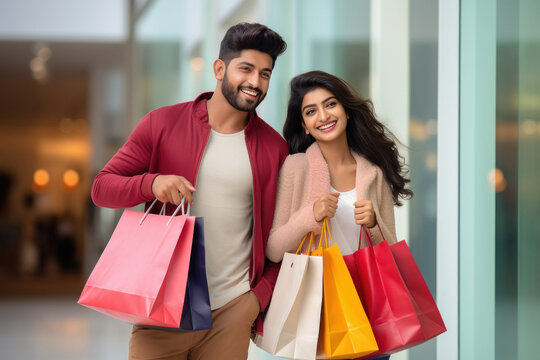 Young Indian couple holding shopping bags and expressing happiness