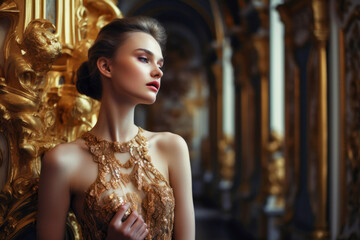 Beautiful girl wearing a golden prom dress inside a baroque castle (generative AI)