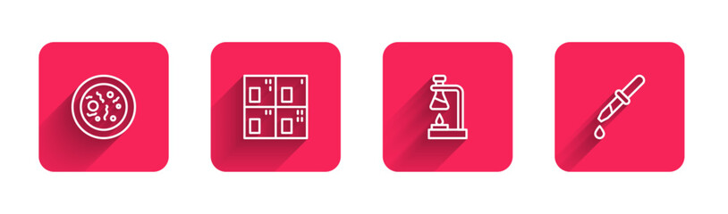 Set line Petri dish with bacteria, Periodic table, Test tube flask on fire and Pipette with long shadow. Red square button. Vector