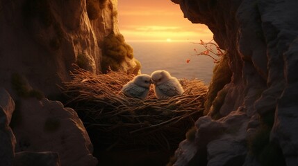 A pair of lovebirds building a cozy nest in the nook of a windswept cliff - obrazy, fototapety, plakaty