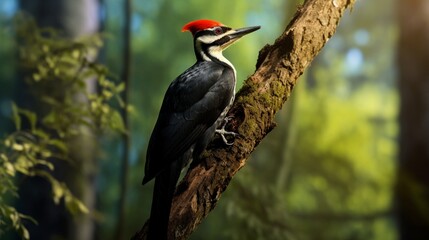 A Pileated Woodpecker perched on a towering tree branch