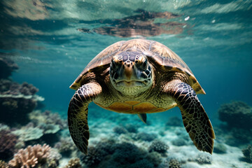 Obraz premium a turtle swims in the water near a coral reef, beautiful coastal seas