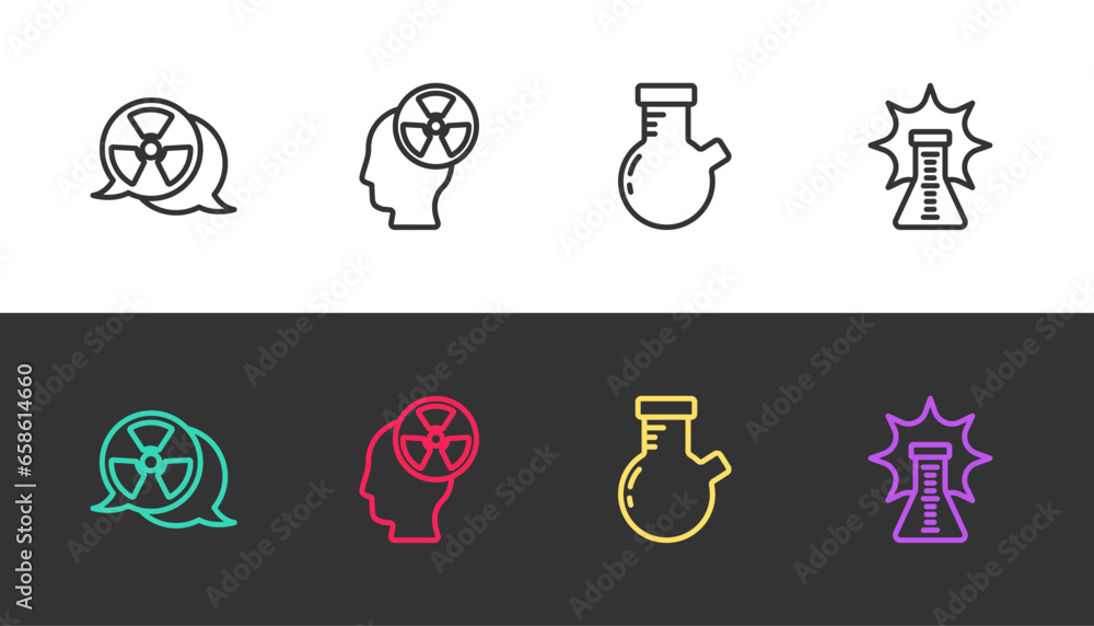 Wall mural set line radioactive, head and radiation symbol, test tube flask and chemical explosion on black and