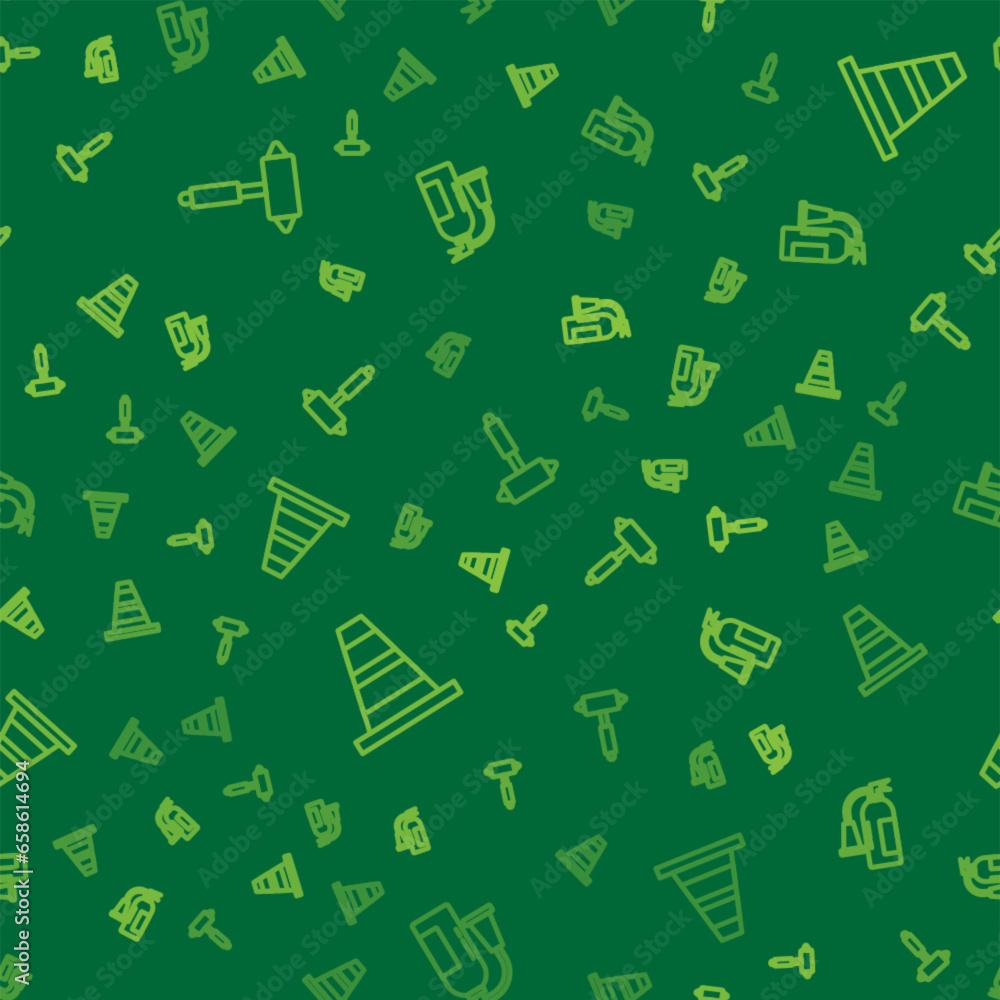 Poster set line firefighter axe, traffic cone and extinguisher on seamless pattern. vector