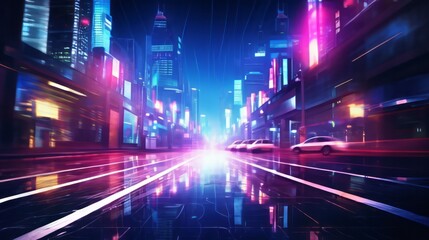 Fototapeta na wymiar Defocused night city street with a neon lights. AI generated
