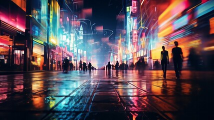 Defocused night city street with a neon lights. AI generated