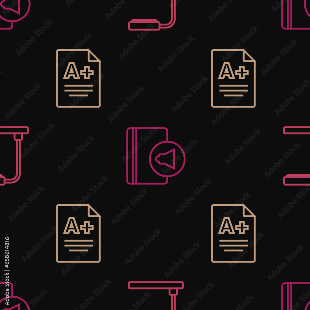 Poster set line table lamp, exam sheet with a plus grade and audio book on seamless pattern. vector