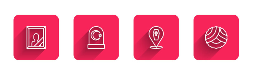 Set line Mourning photo frame, Muslim cemetery, Coffin with cross and Memorial wreath with long shadow. Red square button. Vector