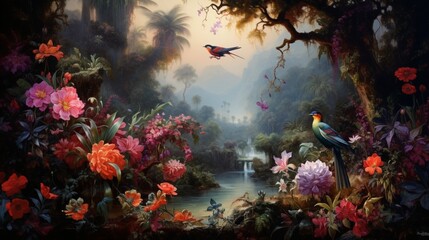 A vibrant garden scene with flowers swaying in the breeze, insects buzzing around. Birds darting in and out, hunting for fish in a nearby pond