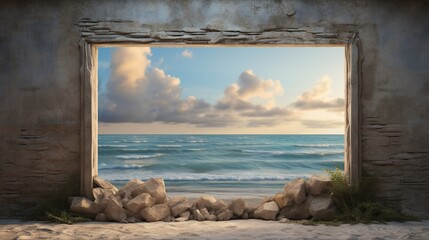 A frame resembling a time-worn window, overlooking a serene beach, mounted on a textured sand wall, creating a tranquil and calming atmosphere.