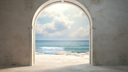 Fototapeta premium A frame resembling a time-worn window, overlooking a serene beach, mounted on a textured sand wall, creating a tranquil and calming atmosphere.
