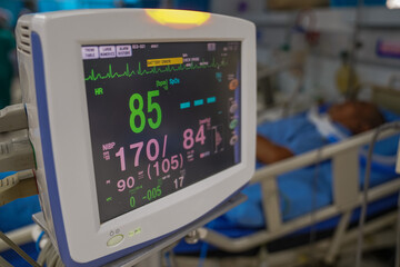 Modern vital sign monitor on patient background at ward in the hospital.