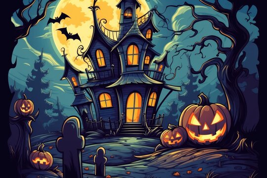 halloween horror house and scary pumpkin background cartoon illustration