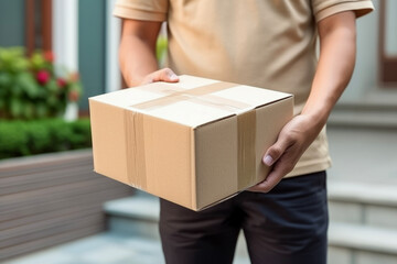 Close up hands of delivery man holding parcel box or cardboard box in front of house entrance. Distribution concept of transportation and delivery. - obrazy, fototapety, plakaty