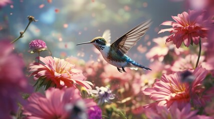 Delicate flying forms gracefully enjoy floral nectar in the air - obrazy, fototapety, plakaty
