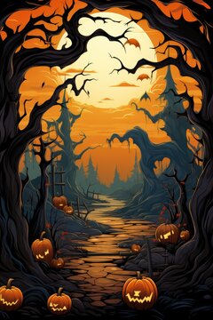 halloween horror house and scary pumpkin background cartoon illustration