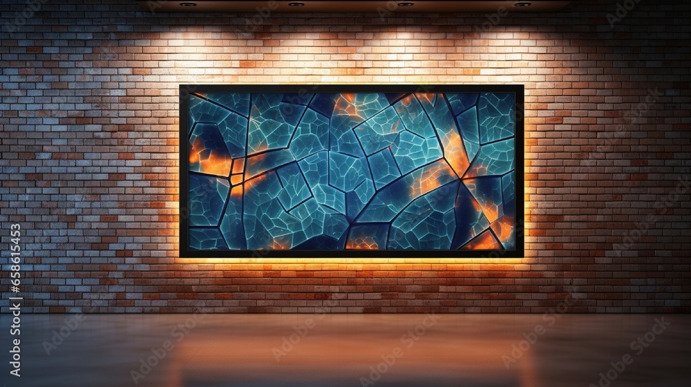 Poster a holographic frame displaying ever-changing abstract patterns, hanging on an illuminated wall, crea