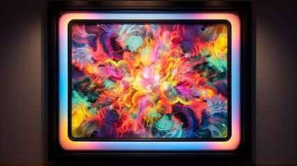 A holographic frame displaying ever-changing abstract patterns, hanging on an illuminated wall, creating a dynamic and mesmerizing visual experience.