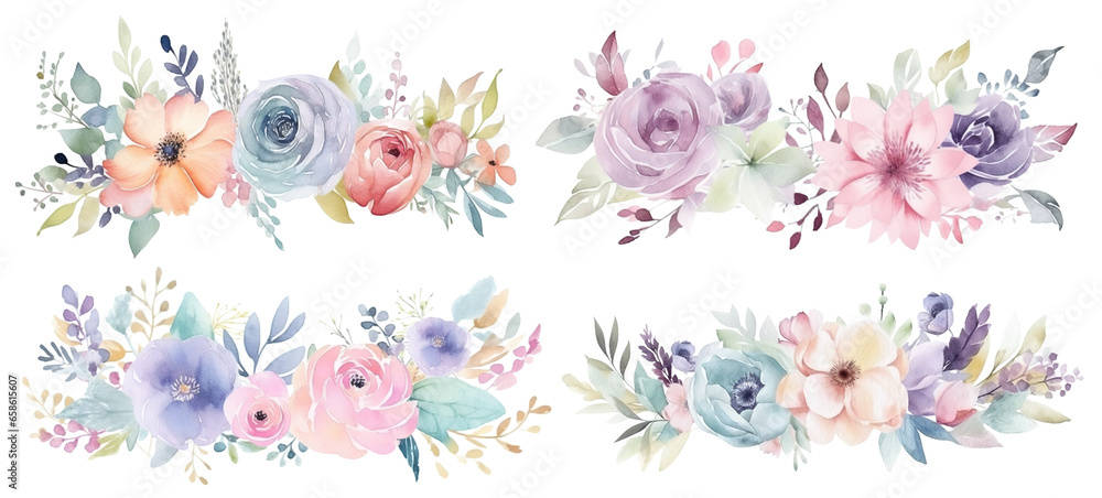 Wall mural Set of watercolor pastel flower decorative patterns, cut out - Wall murals