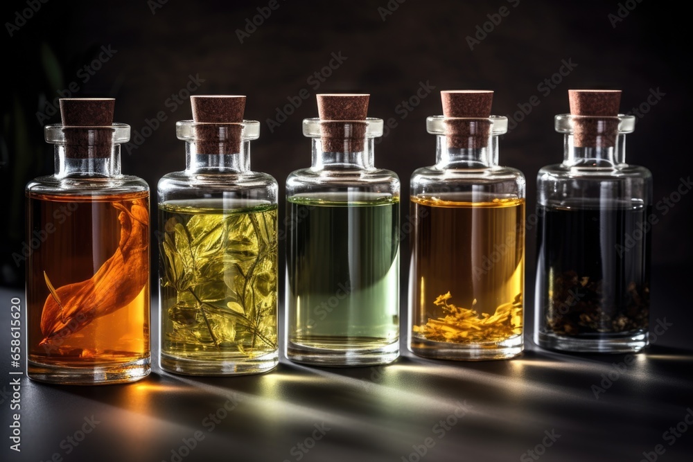 Poster A row of bottles filled with different colored liquids. Perfect for showcasing a variety of colors and textures.