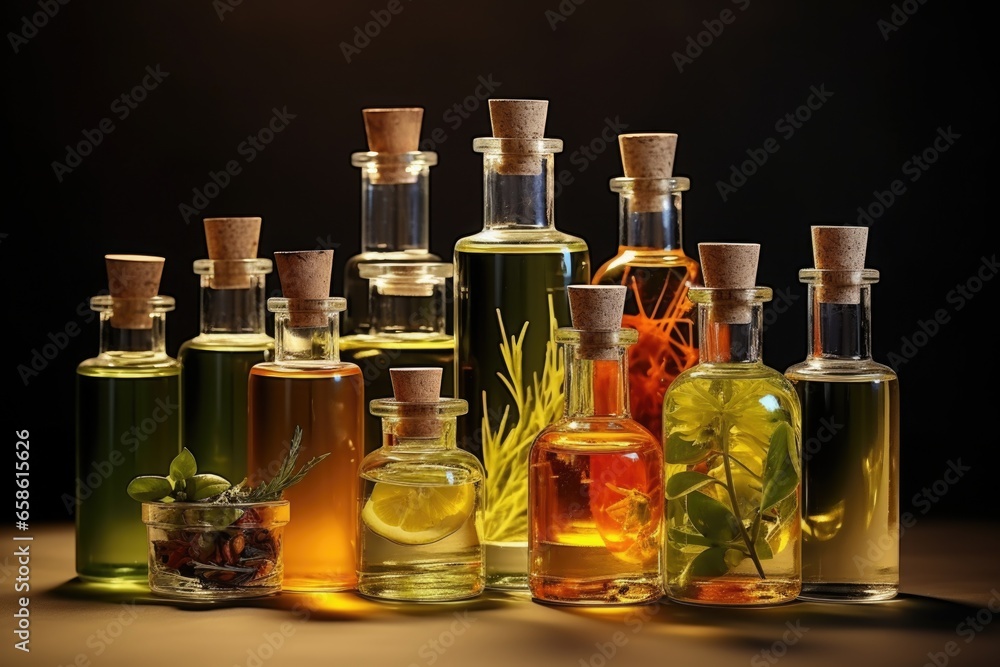 Aufkleber a collection of bottles filled with various types of oils. this versatile image can be used to depic