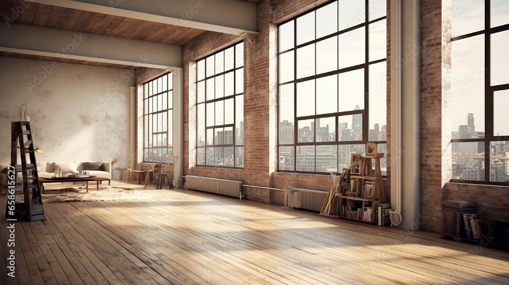 Poster a loft apartment with an empty frame against a floor-to-ceiling window.