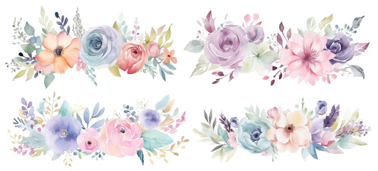Set of watercolor pastel flower decorative patterns, cut out - obrazy, fototapety, plakaty